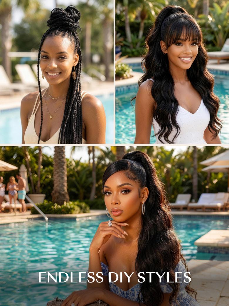 A model displays the UNice 3 Pcs Brazilian Body Wave Bundles - Full Install Ready, 100% Virgin Soft Human, showing a model with long hair and braids in front of a pool.