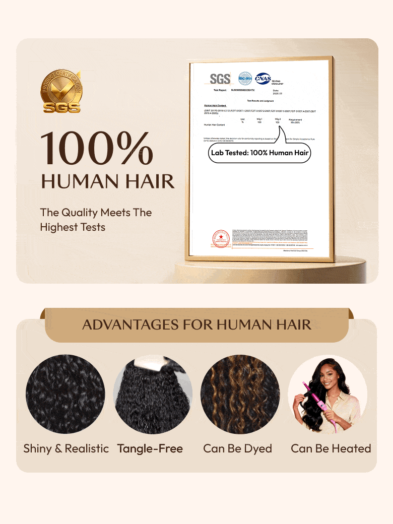 The UNice 20"-26" UNice 7x5 Bye Bye Knots & 13x4 HD Lace Put On And Go Glueless Water wig image highlights SGS, LabTested:100%HumanHair, HUMANHAIR, TheQualityMeetsThe.