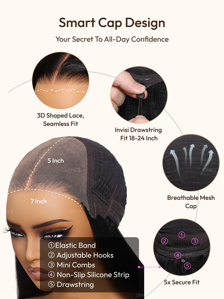 The UNice 7x5 Bye Bye Knots & 4x4 Lace Closure Black Bob Wig With Side Swept Bangs image highlights Smart Cap Design, YourSecretToAll-DayConfidence, 3D Shaped Lace.