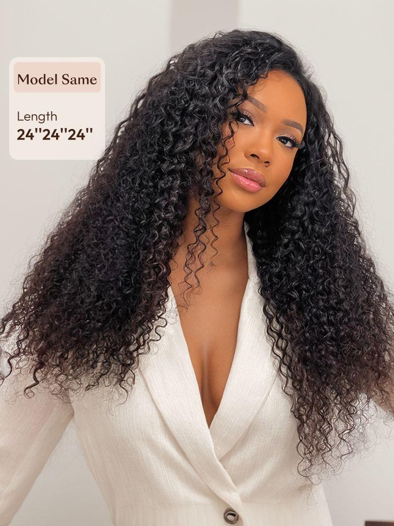 A model displays the UNice Hair 3 Bundles Peruvian Jerry Curly Human Hair Weave, showing model model long curly wig and jerry curl texture, curly texture.