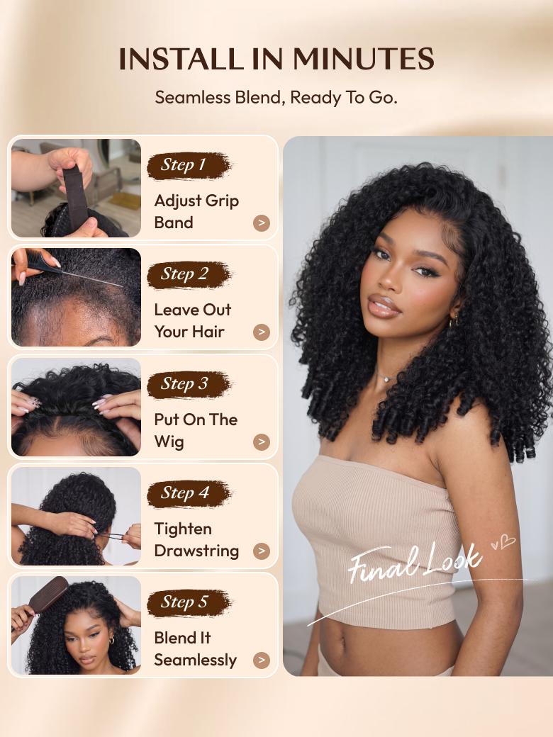 The UNice Half Wig MeltLine Burmese Curly with Finger Coily Ends Beginner Friendly with image highlights INSTALLIN MINUTES, SeamlessBlend, ReadyToGo, Step1, how to use.