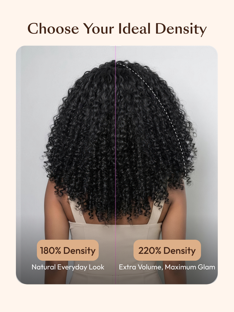 A model displays the UNice Half Wig MeltLine Burmese Curly with Finger Coily Ends Beginner Friendly with, showing a model with curly hair and a white background.
