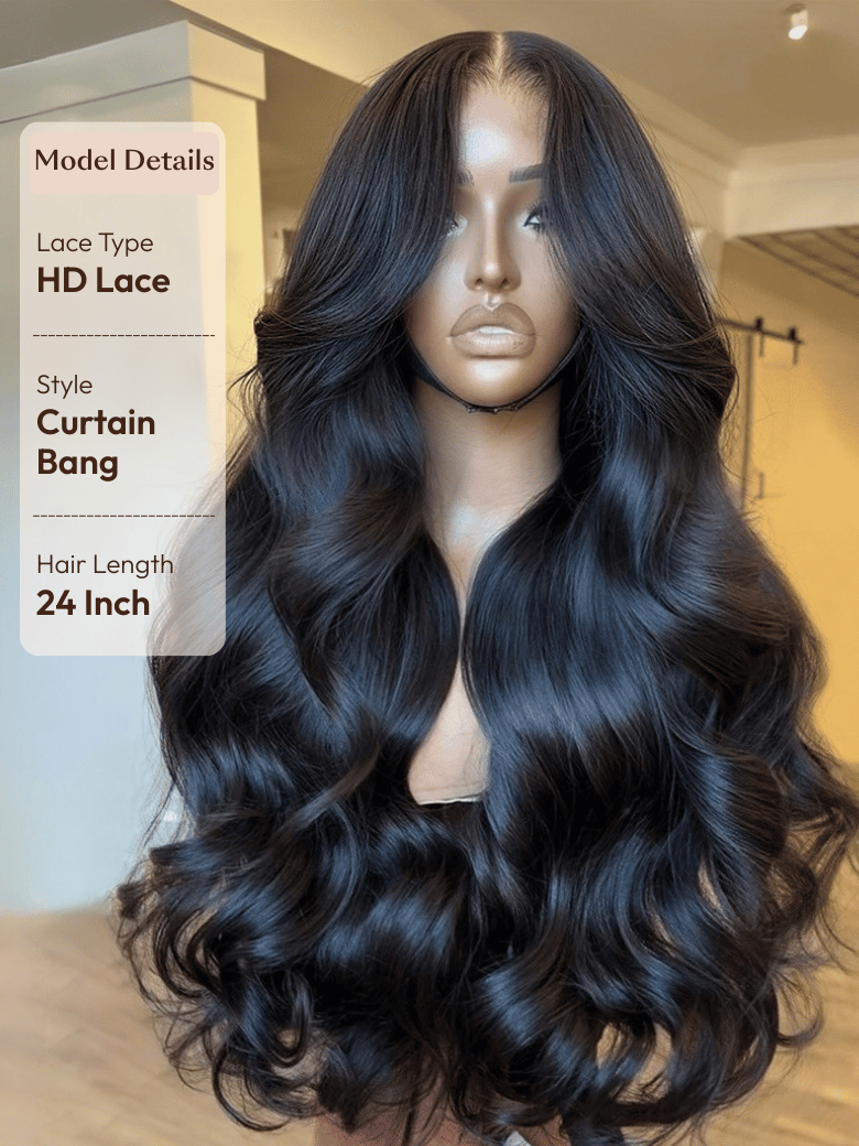 The UNice 13x4 HD Real Scalp Wig Pull And Go Drawstring Loose Wave with Face Framing image highlights Model Details, Lace Type, HD Lace, Style, a wig with long hair.