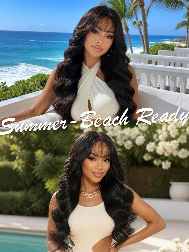 A model displays the UNice 7x5 & 13x4 Bye Bye Slip Pull & Go Black Fluffy Loose Wave Wispy Bangs Glueless, showing a woman in a white dress standing next to a pool.
