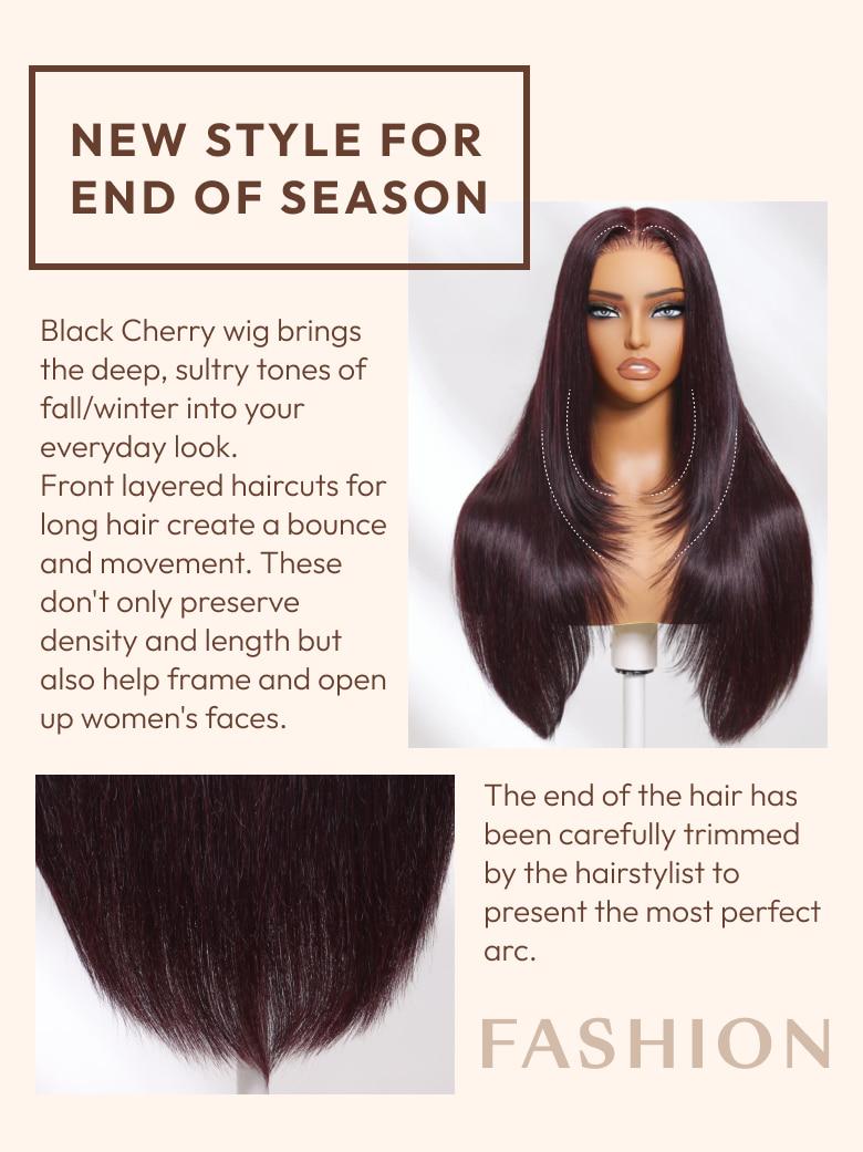 The UNice 7x5 Byebye Knots Lace Black Cherry Layered Straight Hair Wig 150% Density image highlights NEW STYLEFOR, END OF SEASON, BlackCherrywigbrings, the deep, the new.