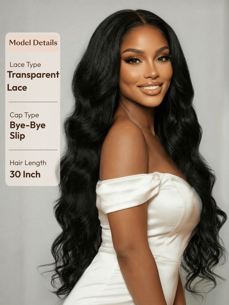 A model displays the UNice 13x4 HD Lace Bye Bye Slip Body Wave Wig - Pull & Go Fit Ear-to-Ear with Invisi, showing model lace front wig and body wave texture, 13x4, 7x5.