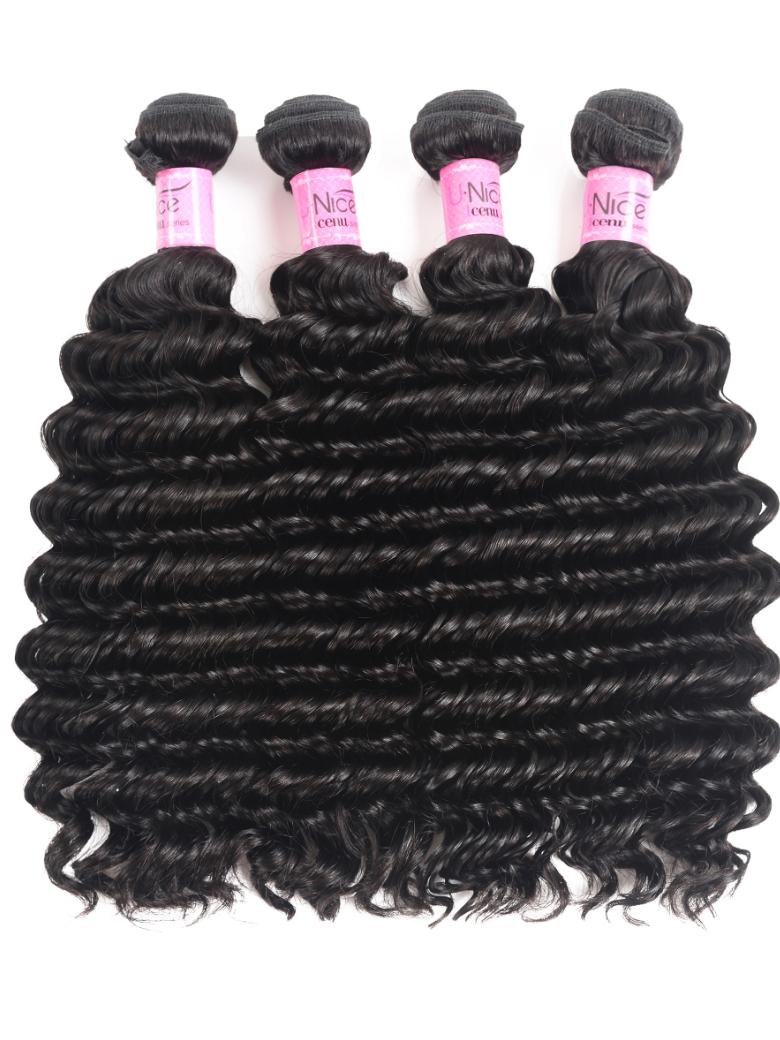 The UNice Hair Bundles 4 Pcs/pack Peruvian Deep Wave Virgin Human Hair image highlights NIce, Nic, OOIN, cenm, virgin hair bundles and deep wave texture.