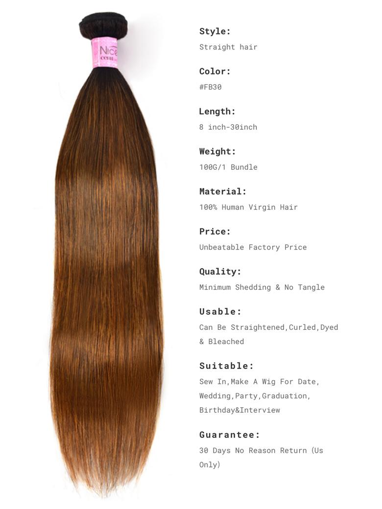 The UNice Hair Virgin 3 Bundles Deals Colored Hair Weave #FB30 Straight Hair image highlights Style, NIce, Straight hair, ceals, a diagram of the hair extensions.