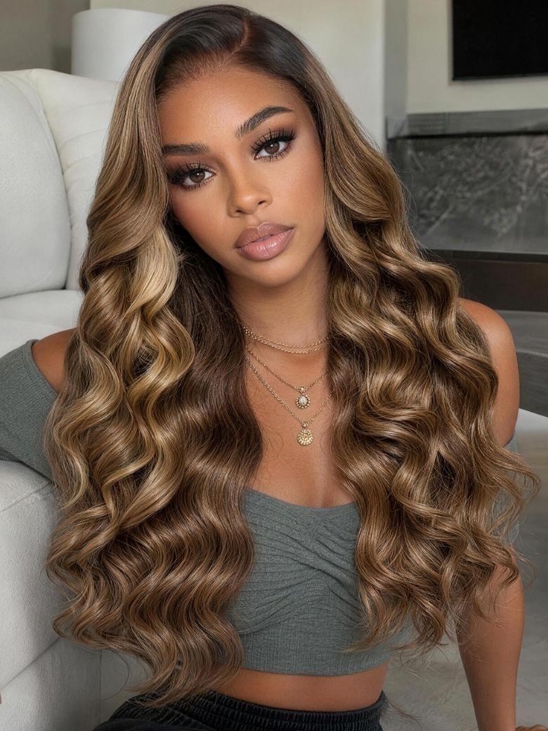 A model displays the UNice Bye Bye Slip 7x5 Lace Glueless Ash Brown Highlights Luxury Body Wave wig, showing a model with long wavy hair and brown eyes and body wave.