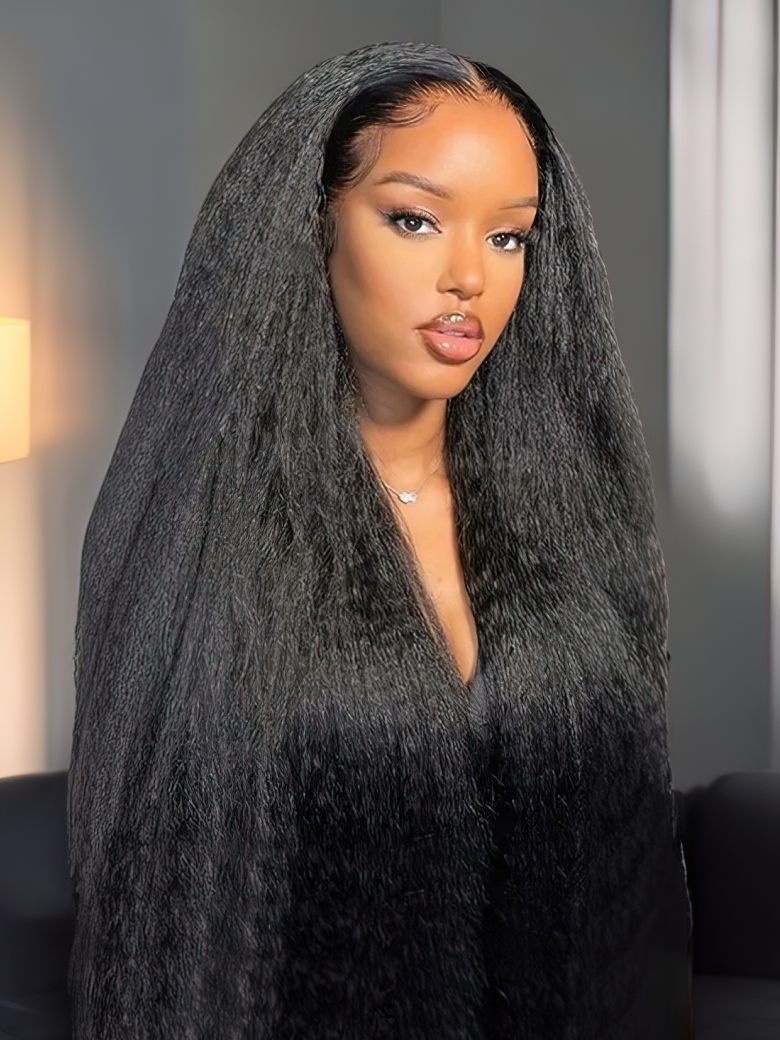 A model displays the UNice 4Pcs Kinky Straight Remy Human Hair Bundles, showing a model with long black hair and a black dress and kinky straight texture, straight.