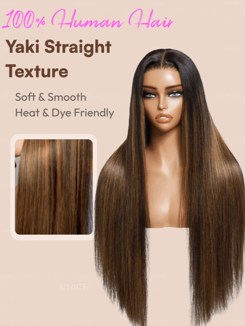 The UNice With Drawstring 13x4 Pre-Everything Lace Frontal Yaki Straight Balayage image highlights 100% Human Hair, Yaki Straight, Texture, Soft&Smooth, ya straight hair.