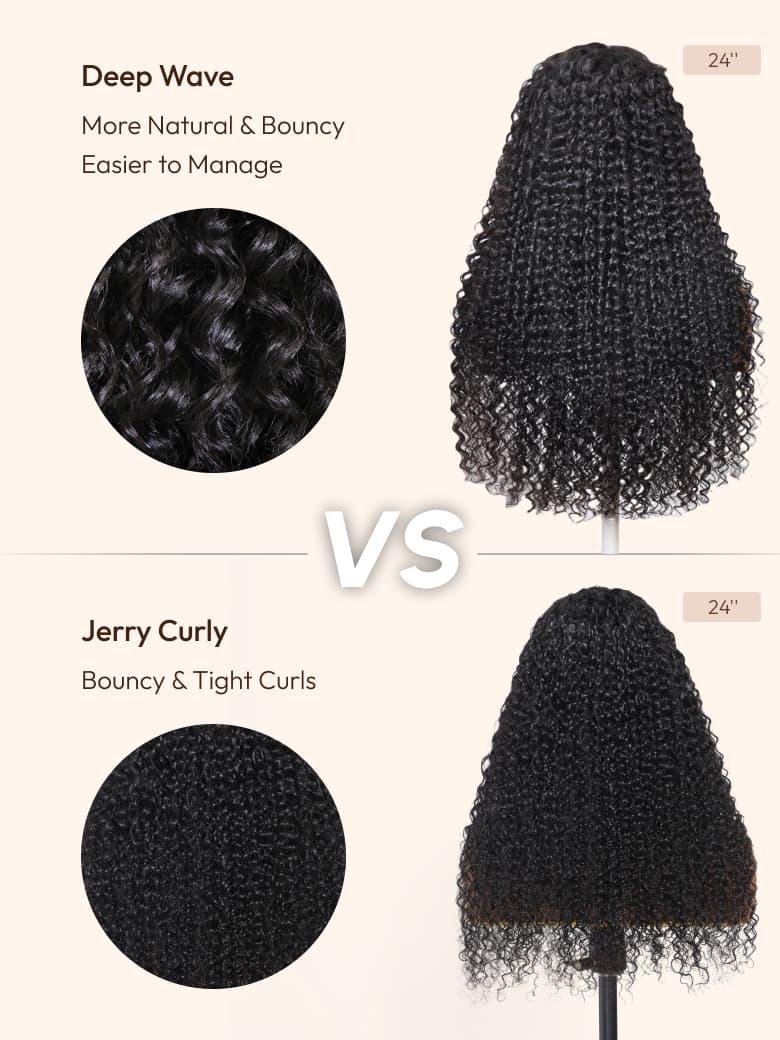 The UNice Pre-Everything 13x4 Lace Frontal Black Deep Wave Wig image highlights DeepWave, MoreNatural &Bouncy, EasiertoManage, VS, deep wave hair extensions and deep.