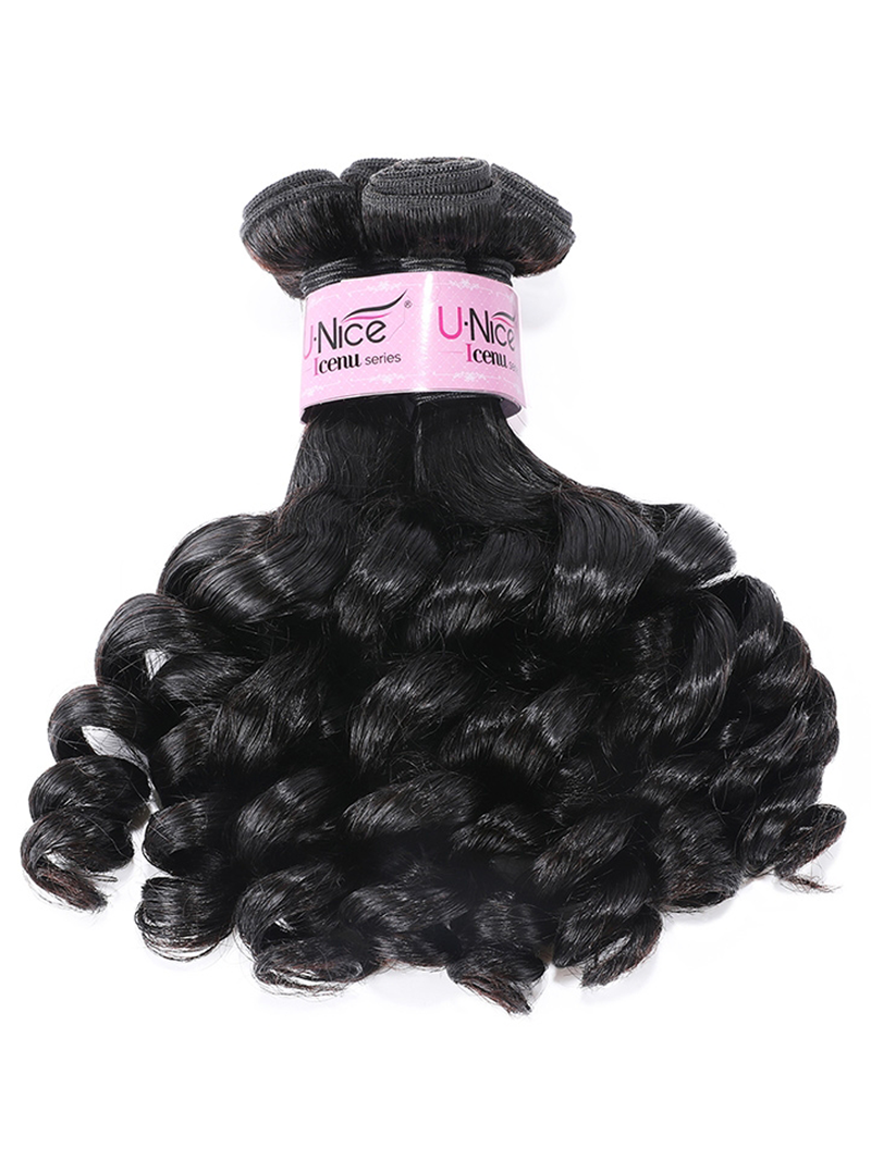 The UNice Funmi Curly Tight & Neat Human 1 Bundle Virgin Hair Natural Color image highlights U-NIce, Nice, Icenu, Icenllseries, un virgin hair bundles and curly texture.