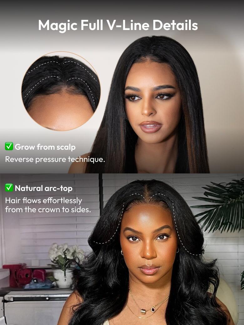 The UNice EasiContour V Part Minimal Glueless Curly Glueless Wig Invisi Drawstring Human image highlights Magic Full V-Line Details, Growfrom scalp, Reverse pressure.
