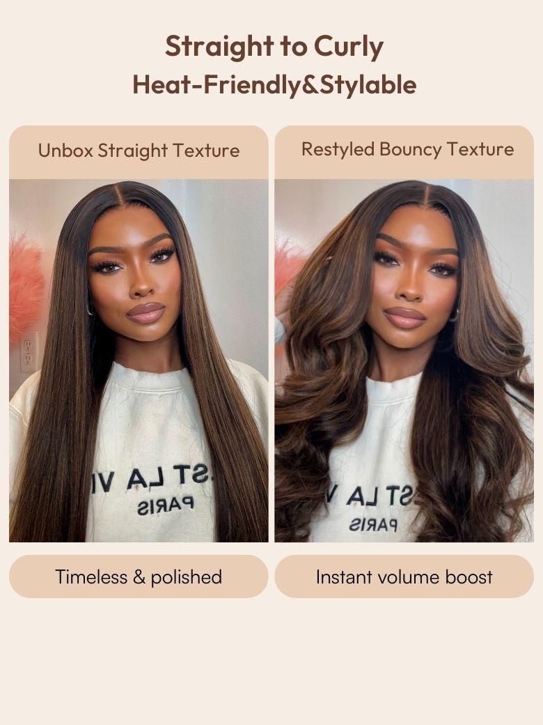 A model displays the UNice With Drawstring 13x4 Pre-Everything Lace Frontal Yaki Straight Balayage, showing straight straight hair extensions and straight texture, yaki.