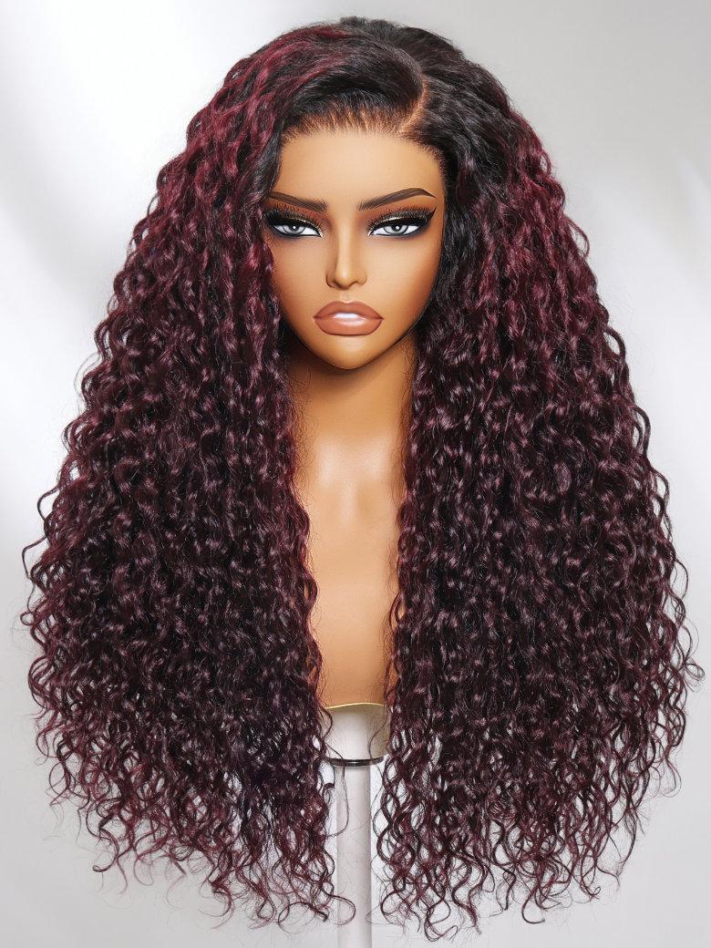 The UNice 13x4 Pre-Everything Wig Burgundy Plum With Dark Roots Water Wave Wig product image shows a wig with long curly hair and a burgundy wig and water wave texture.