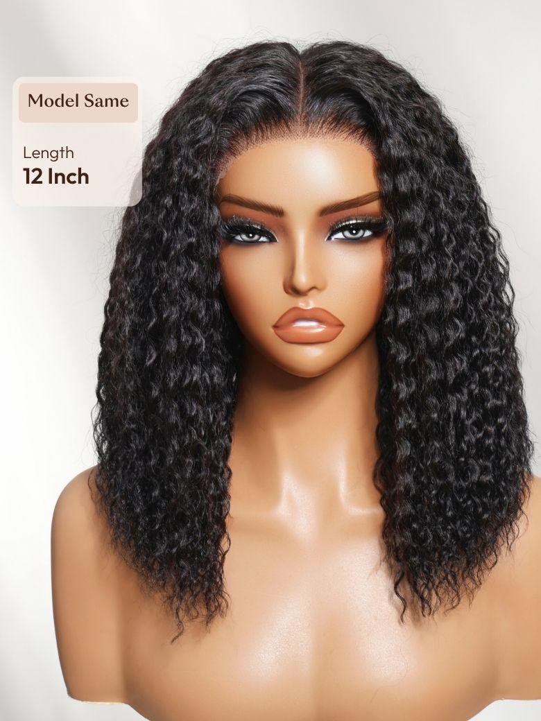 A model displays the UNice 7x5 Bye Bye Slip Lace Frontal Black Soft Wet-Look Twist-Out Inspired Curls, showing a model with long curly hair and 7x5, glueless wear, lace.