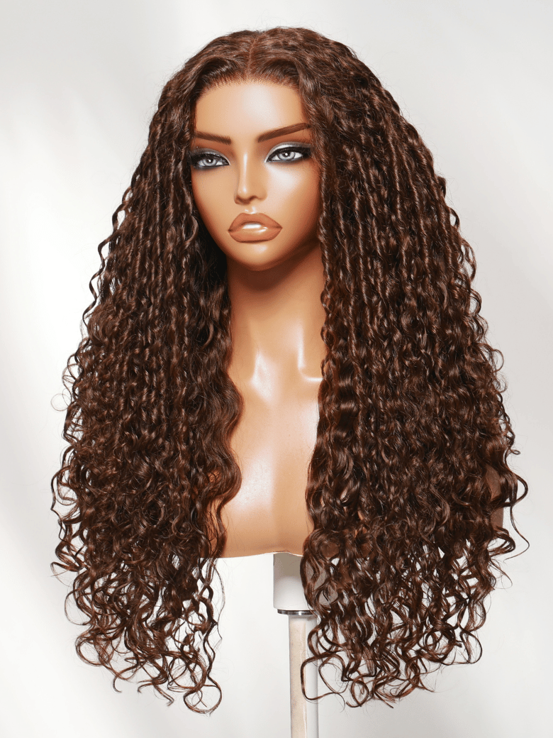 The UNice Bye Bye Slip 7x5 Lace Glueless Auburn/Red Brown Type 3/4-Inspired wig image highlights AU, a wig with long curly hair and 7x5, glueless wear, lace finish.