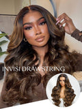 The UNice 7x5 Bye Bye Knots Wig Glueless Lace Balayage Highlight Body Wave Wig With visual image position 3 shows a model with long brown hair and brown eyes | visible.