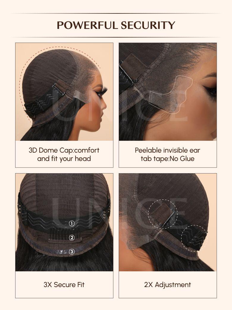 A model displays the UNice Pre-Everything 13x4 Lace Frontal Honey Blonde Highlights Jerry Curly Wig, showing a woman ' s hair wig with a full lace closure and jerry curl.