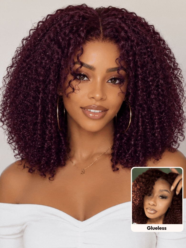 UNice Black Cherry Afro Kinky Curly Wig With Finger Coil Ends Bye-Bye Slip™ 7x5 Glueless Wig Throw and Go