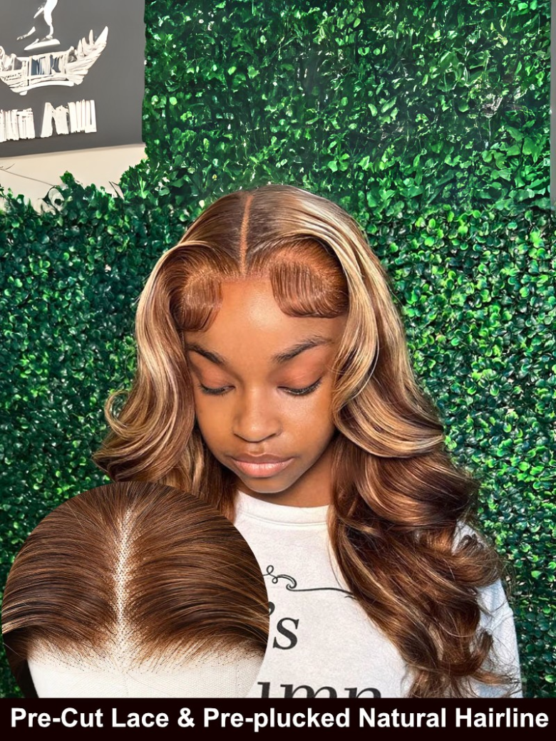 A model displays the UNice Beginner Friendly 6x4.5 Pre Cut Lace Put On And Go Honey Blonde Highlights wig, showing pre - cut & pre - cut natural hair extensions and body.