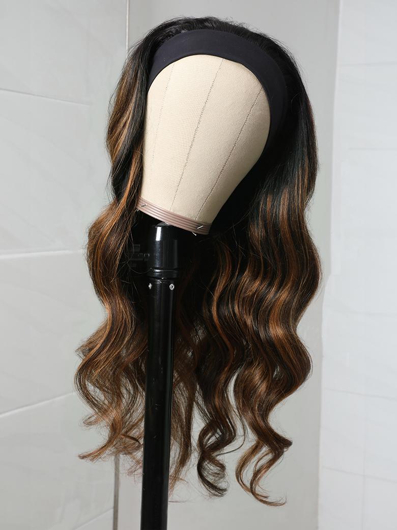 The UNice Balayage Highlight Ombre Color Body Wave Headband Wig 150% Density visual image position 6 shows a wig on a stand | body wave texture, ombre, highlight.