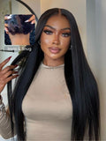 The UNice ByeBye Knots Wig 7x5 Glueless Lace Black Yaki Straight Wig With Elastic visual image position 3 shows a model with long black hair wearing a wig | visible.
