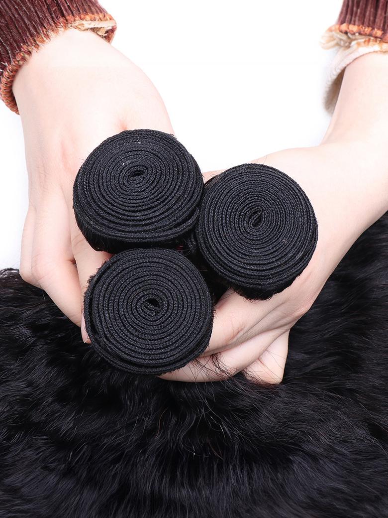 A model displays the UNice Flash sale UNice Hair 100% Virgin Kinky Straight Hair Human Hair 3 Bundles, showing a woman holding three black hair rollers and kinky.