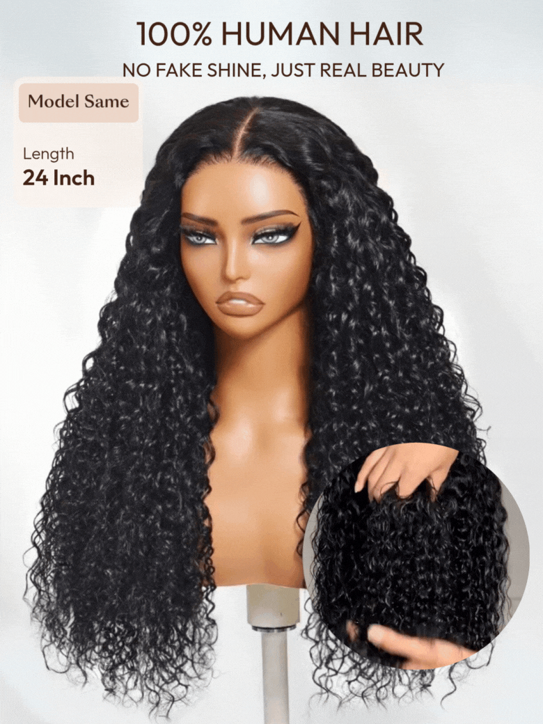 A model displays the UNice 7x5 Bye Bye Knots & 13x4 Pre-Everything Lace Frontal Natural Black & Golden, showing a model wearing a wig with long curly hair and water wave.
