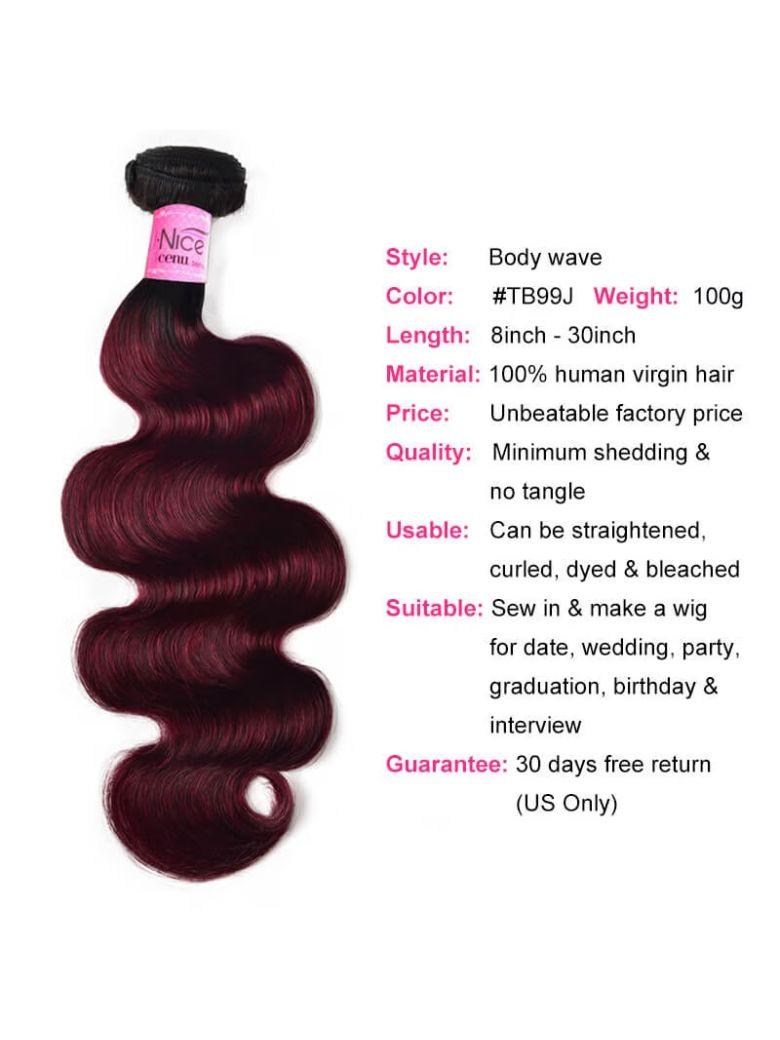 The UNice Hair High Quality Novel #TB99J Straight & Body Wave Virgin Hair 1 Bundle for image highlights cenu, Style, Bodywave, Color, burgundy red body wave hair weave.