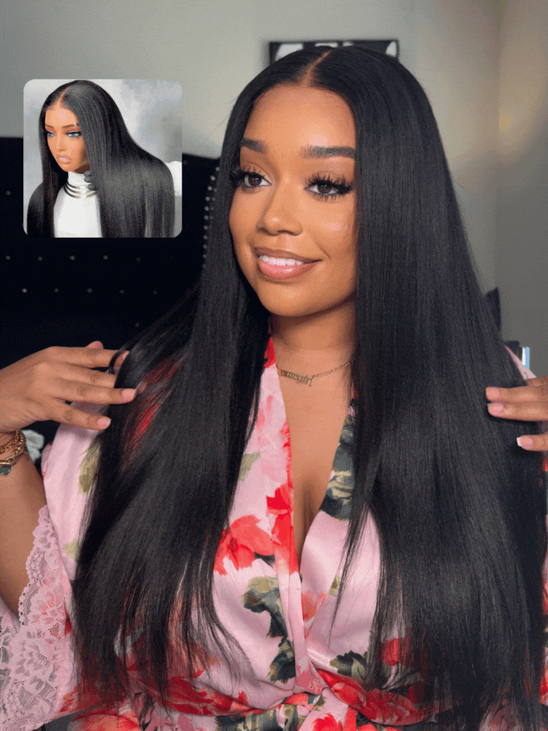 A model displays the UNice 13x6 Lace Frontal Pre-Everything Wig Black Yaki Straight With 4C Curly Baby Hair, showing a model is holding a mirror and looking at her hair.