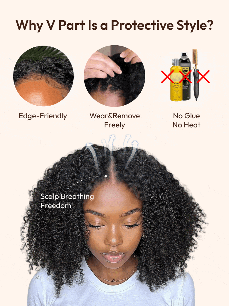 A model displays the UNice EasiContour V Part Black to Chestnut Brown Jerry Curly Drawstring Wig 150%, showing a model with curly hair and a bottle of hair and jerry.