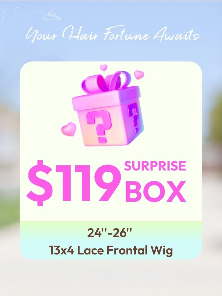 The UNICE $119 Surprise Box Get 24''-26'' Inch13x4 Lace Frontal Wig Value $299-$399 image highlights Your Hair Fortune Auaits, SURPRISE, BOX, 13x4LaceFrontal Wig, a pink.