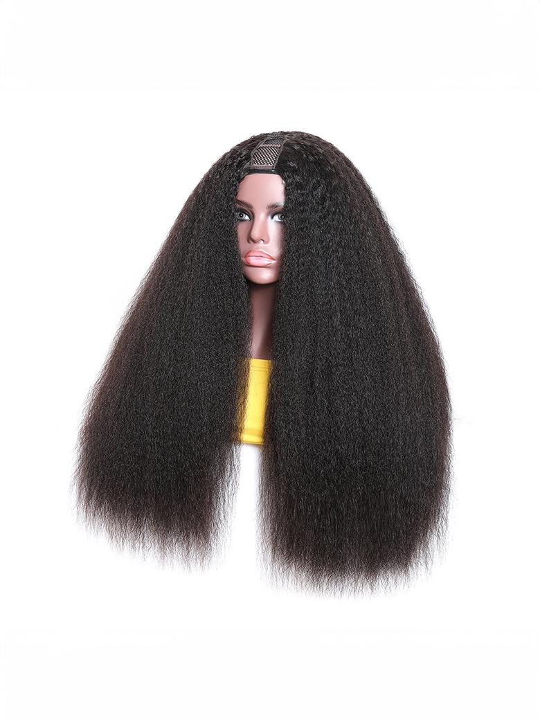 The UNice Beginner Friendly Kinky Straight U Part Glueless Wig Brazilian Natural Black Wig product image shows a doll with long hair and a yellow shirt and kinky.