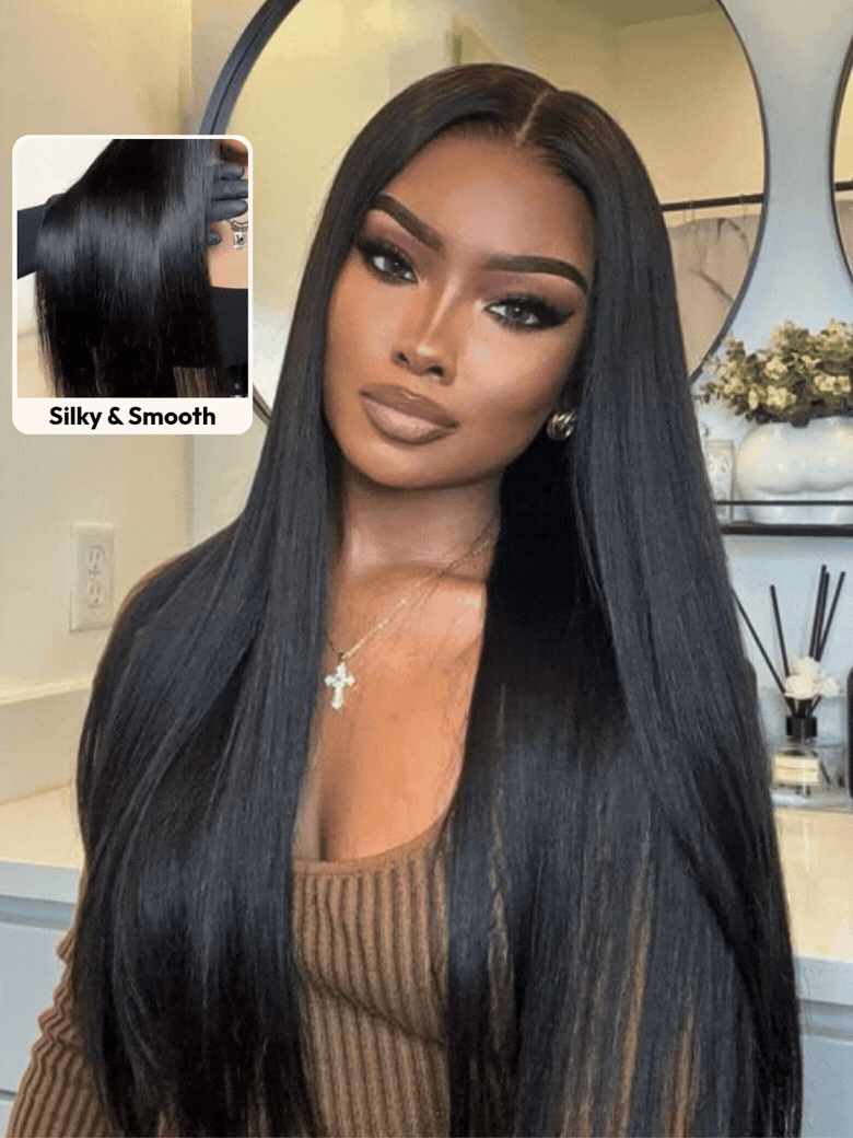 A model displays the UNice 13x4 Bye Bye Slip Glueless Lace Black Straight Bleached Knots Drawstring Wig, showing a model with long black hair in a mirror and straight.