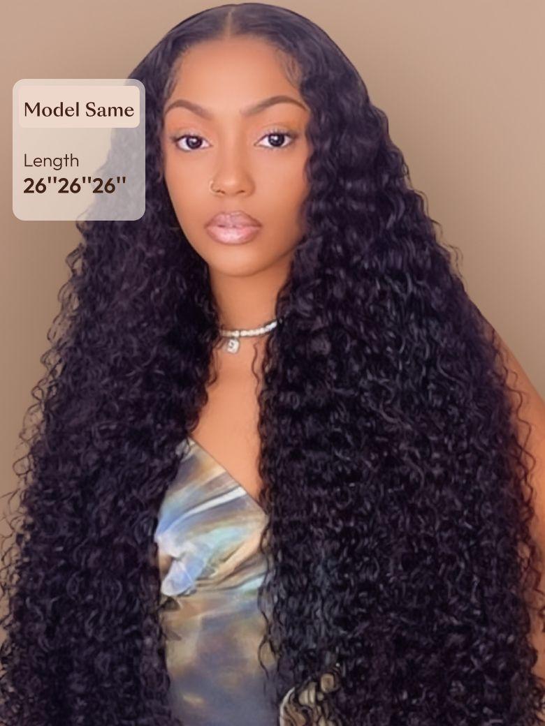 A model displays the UNice Deep Wave Malaysian Remy Hair 3 Bundles Deal Free Fast Shipping, showing a model with long curly hair wearing a wig and deep wave texture.