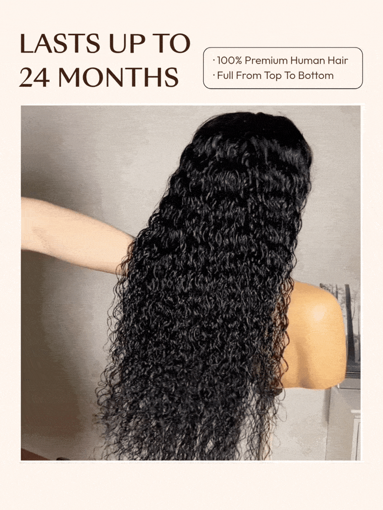 A model displays the UNice 7x5 Bye Bye Slip Glueless Water Wave Drawstring Wig With Baby Hair, showing a model with long hair is shown in the picture and water wave.