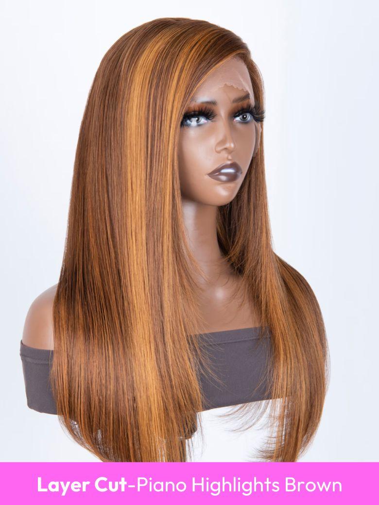 A model displays the UNice 13x4 Glueless Lace Front Collection Wig Virgin Human Hair Wig, showing a long brown wig with a long straight hair and 13x4, glueless wear.