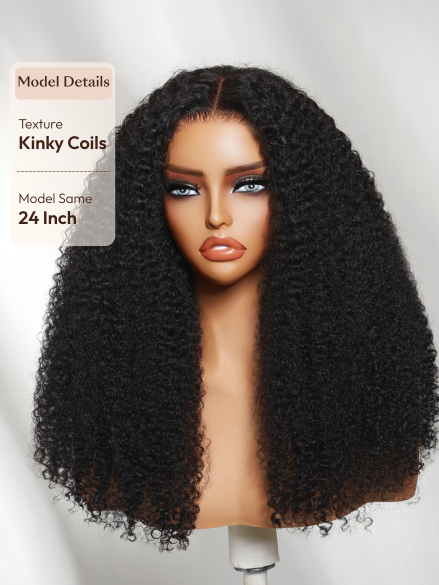 A model displays the UNice Invisi Drawstring 22" Bye Bye Knots 7x5 Lace Black Fluffy Kinky Coils Texture Wig, showing a model with long curly hair and a brown background.