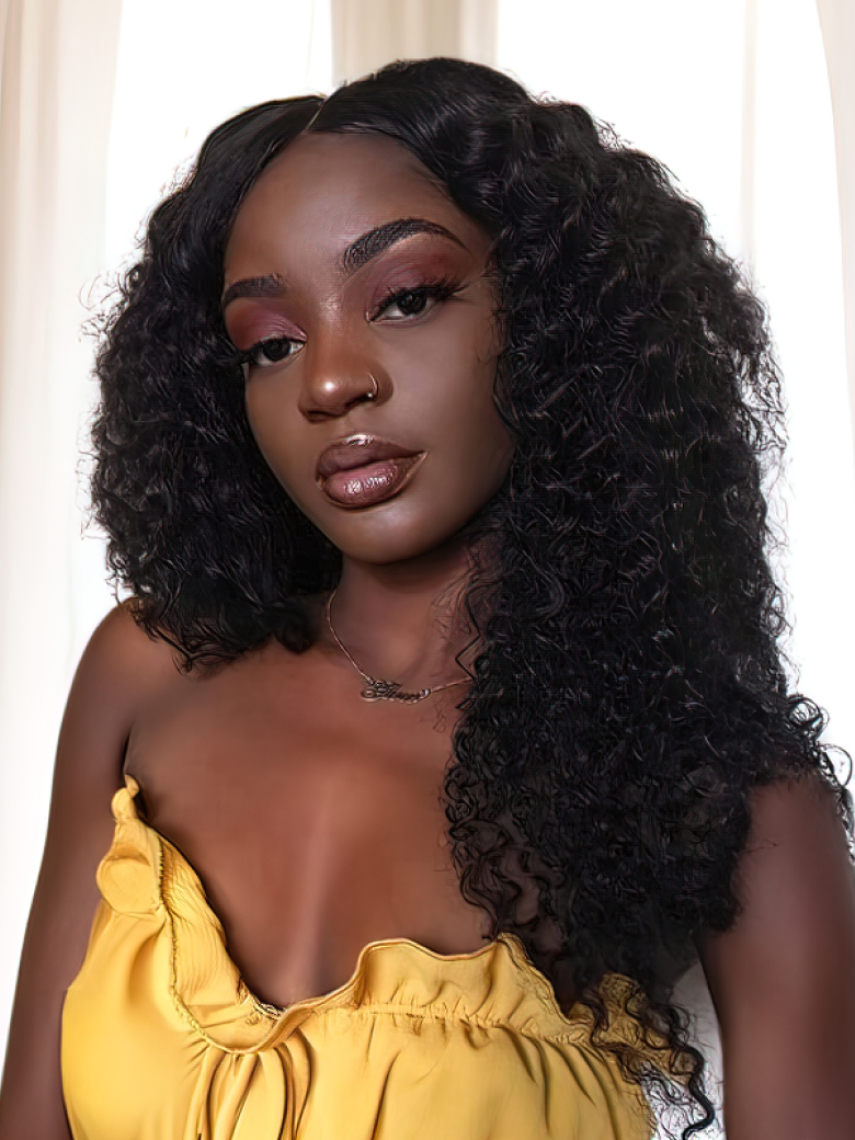 A model displays the UNice Hair 4 Bundles Kinky Curly Unprocessed Virgin Hair, showing a model with long curly hair and kinky curly texture, curly texture.