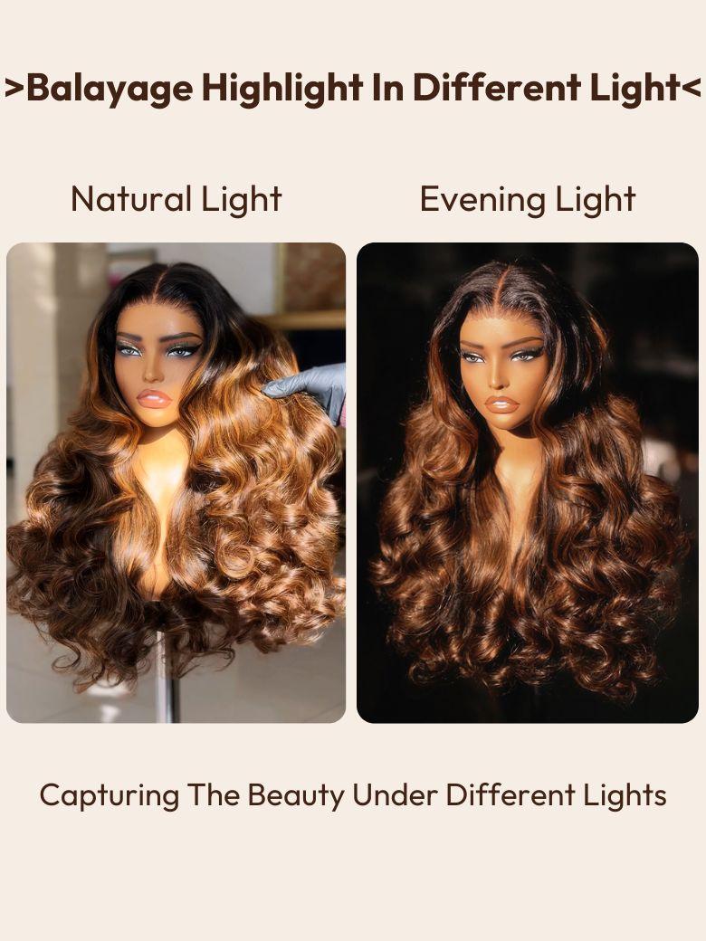 A model displays the UNice Ship within 24H UNice 7x5 Bye Bye Knots Wig Glueless Lace Balayage Highlight, showing a model with long hair and brown hair and body wave.