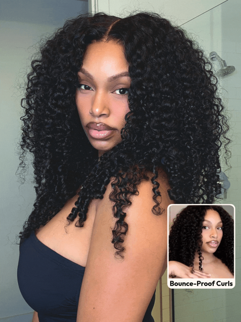 A model displays the UNice Ship within 24H UNice Bye Bye Knots 7x5 Lace Pre-Everything Curly Texture wig, showing a model with long curly hair is shown in a mirror.