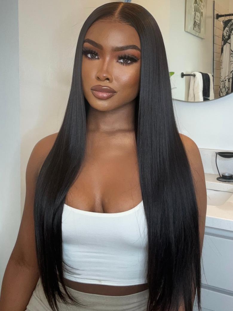 A model displays the UNice 200% Density 13x4 Transparent Lace Frontal Black Straight 7x5 Bye Bye Knots, showing a model with long black hair wearing a white top.