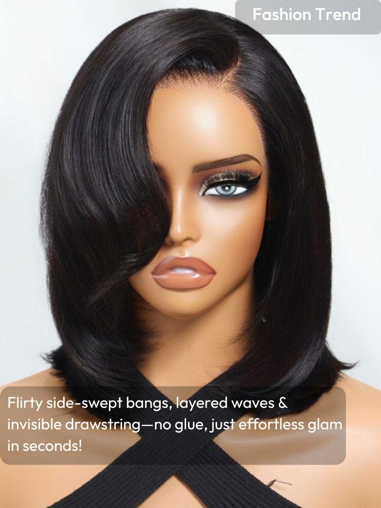 A model displays the UNice Bye Bye Slip 7x5 Lace Side Part Layered Wig With Side-Swept Bangs with, showing a model with a black wig and a black top and 7x5, lace finish.