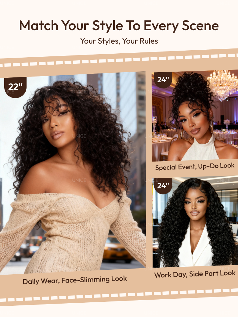 A model displays the UNice 20"-26" UNice 7x5 Bye Bye Knots & 13x4 HD Lace Put On And Go Glueless Water wig, showing a model with curly hair and a white sweater and water.