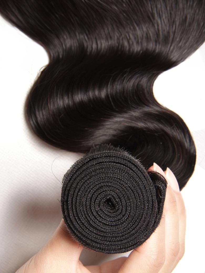 The UNice Hair Bundle Body Wave Human Weave Hair product image shows a person holding a piece of hair and body wave texture, bundle fullness.