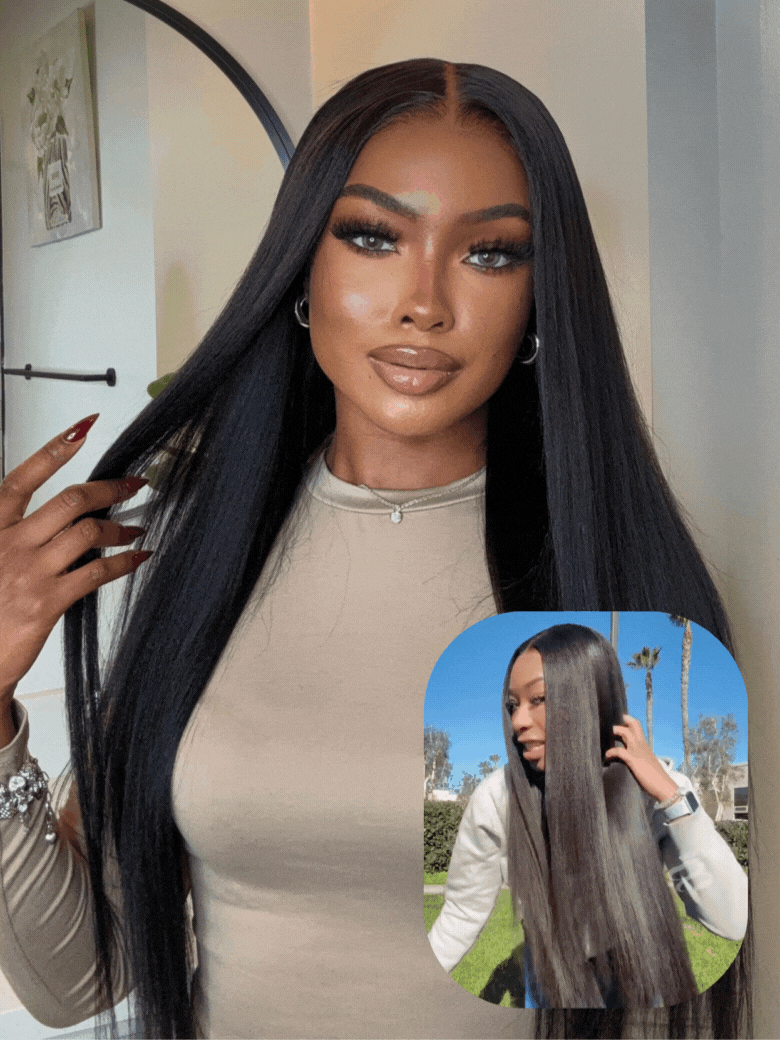 A model displays the UNice Ins Only 26" At 24" Price Black Yaki Straight 7x5 Bye Bye Knots Glueless Lace wig, showing a model with long black hair and a mirror.