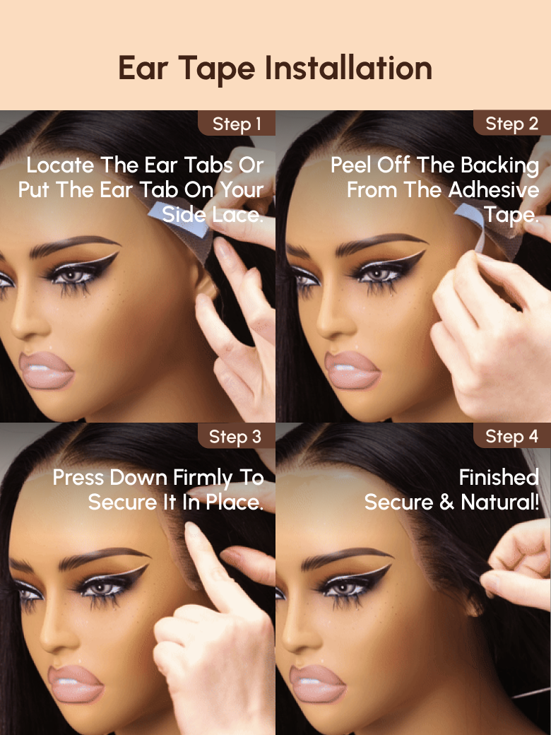 The UNice Pay 24" Get 26" 13x4 Pre-Everything Transparent Lace Front 3D Bouncy Body Wave image highlights Ear Tape Installation, Step1, Step2, LocateTheEarTabsOr, how.