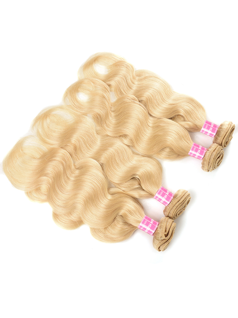 The UNice Hair 613 Blonde Virgin Human Hair Wave 4 Bundles Body Wave Hair Weft product image shows blonde blonde body wave hair extensions and body wave texture, 613.